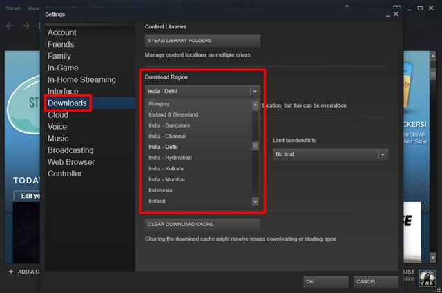 Change the location of the Steam download server