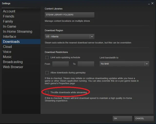 Untick Throttle downloads when streaming