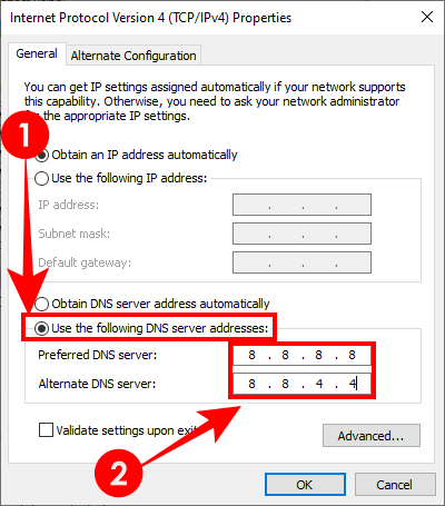 Choose the Use the following DNS server addresses