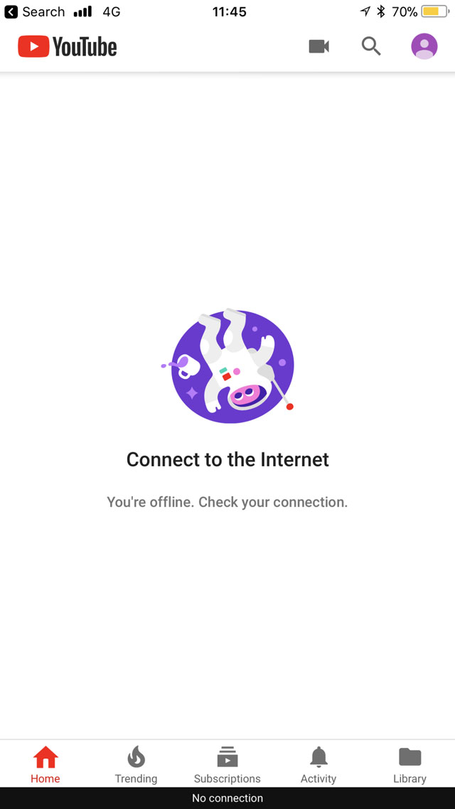Youtube no internet connection error.