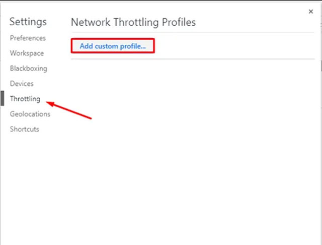 Network Throttling profiles setting menu