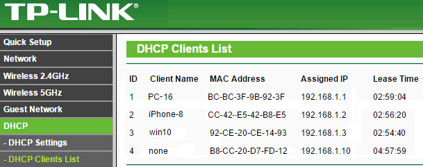 DHCP Client list