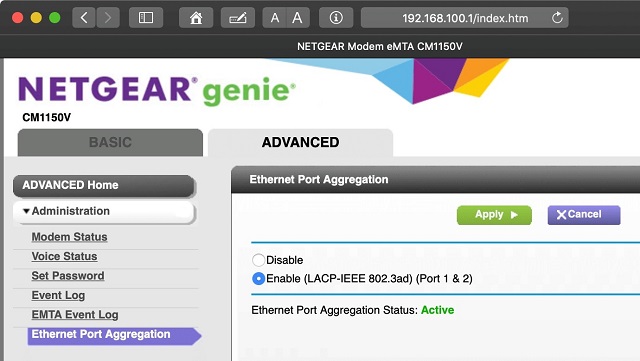 Disable Ethernet Port Aggregation in Netgear CM1150V modem
