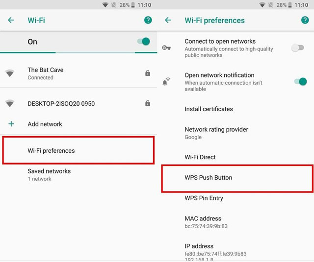 Set up WPS wifi connection for phone