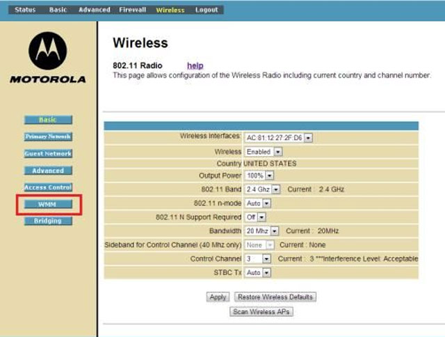 Open wireless tab to edit WMM settings