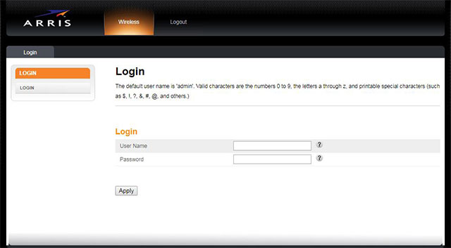 The Arris modem control panel