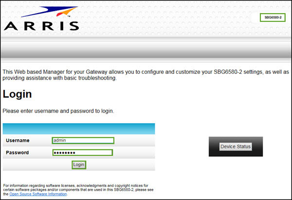 Login to your Arris Control Panel