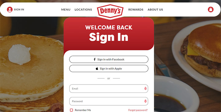 The interface of Denny’s log in page