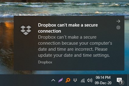Dropbox can't establish secure internet connection