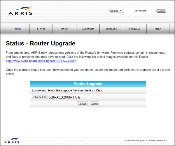 Upload the downloaded firmware to the router