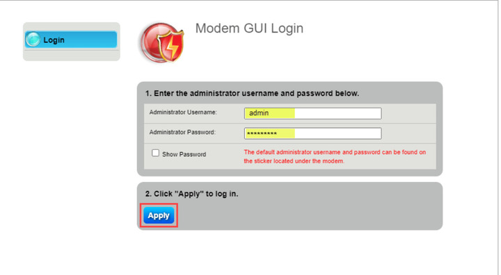 Log in using your Admin Username and password
