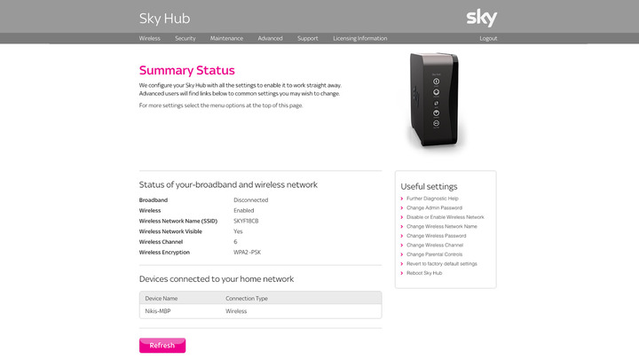 Access the Sky Hub’s settings