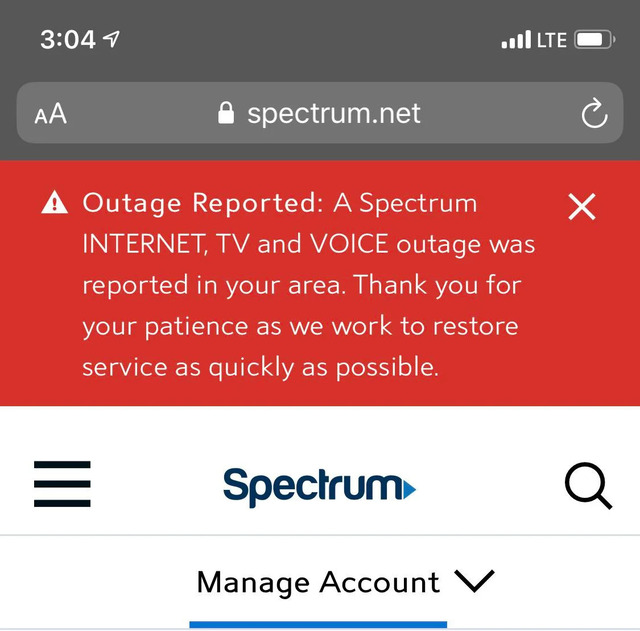 A notification of Spectrum outage