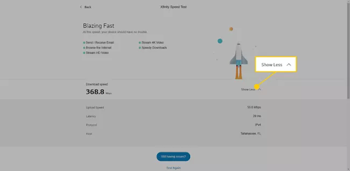 Viewing the results of the speed test.